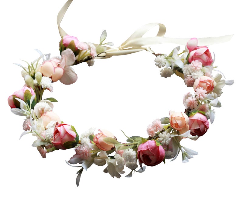 Vivivalue Boho Flower Crown Rose Flower Headband Hair Wreath Floral Headpiece Halo with Ribbon Wedding Party Photos Festival - Image 1